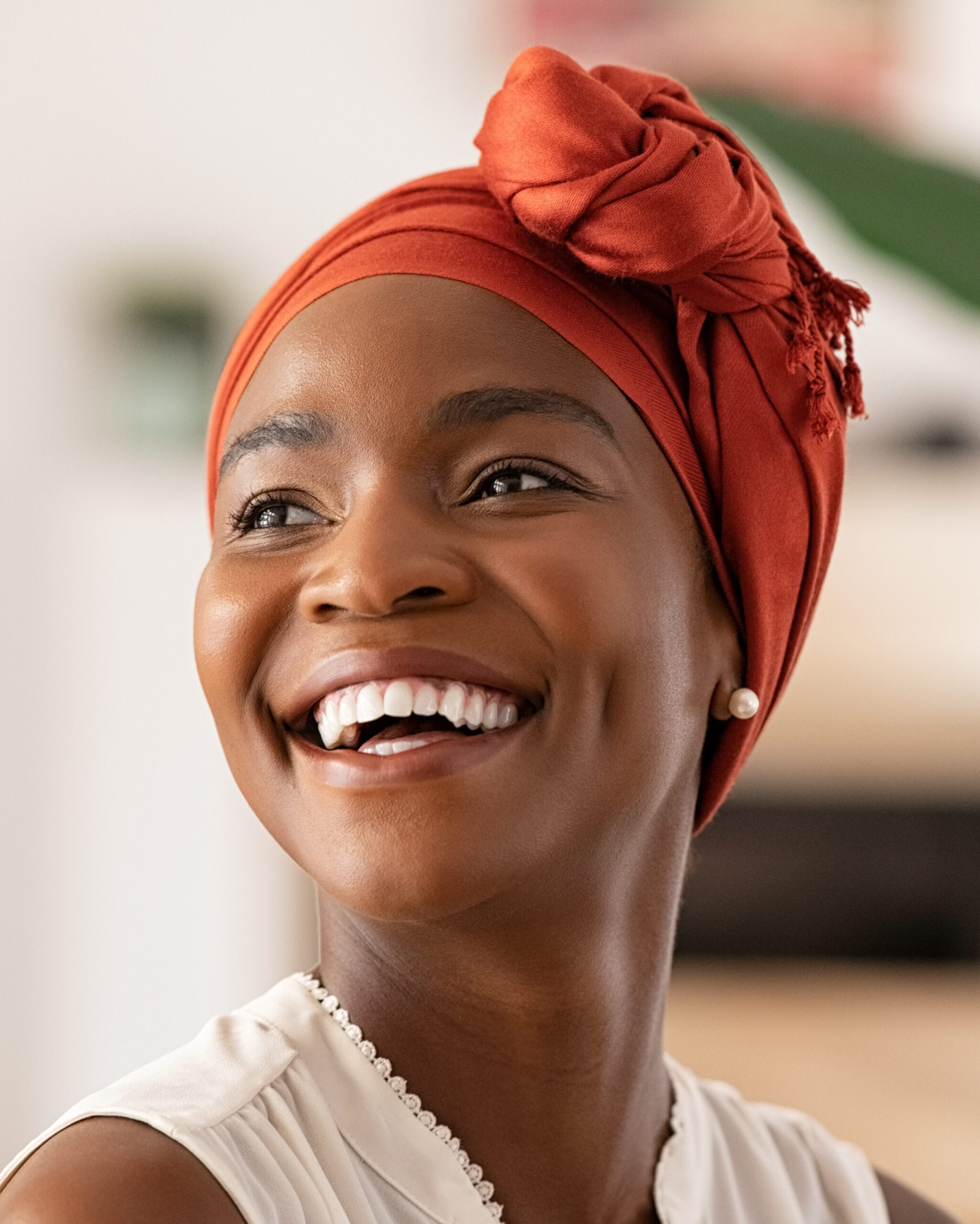 A joyful middle-aged woman