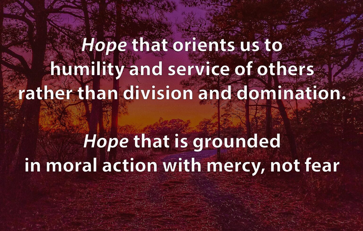 Pull out quote set on image of road going into sunrise/sunset: Hope that orients us...